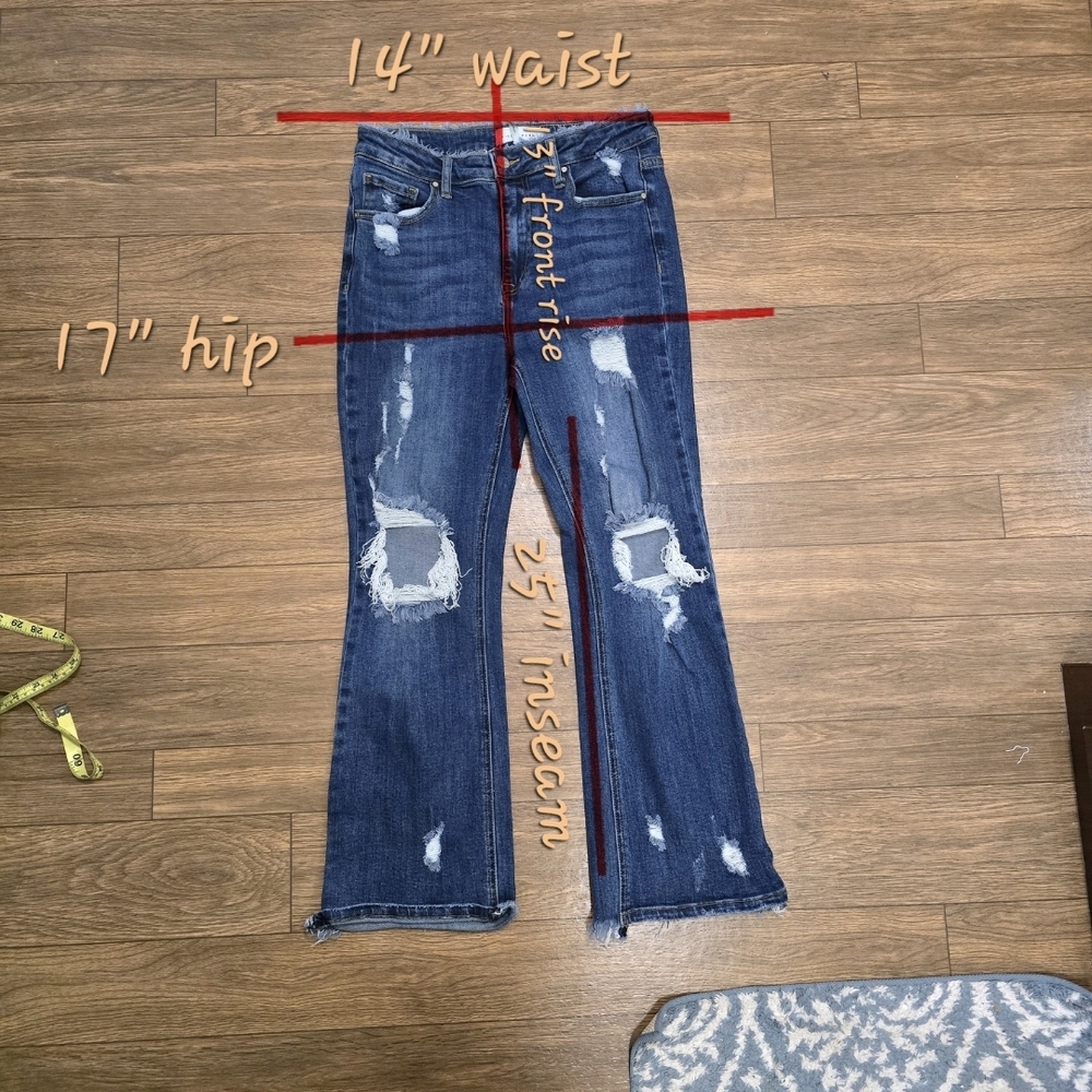 High-Rise Distressed Flare Jeans - Dark Blue - Picture 2 of 2